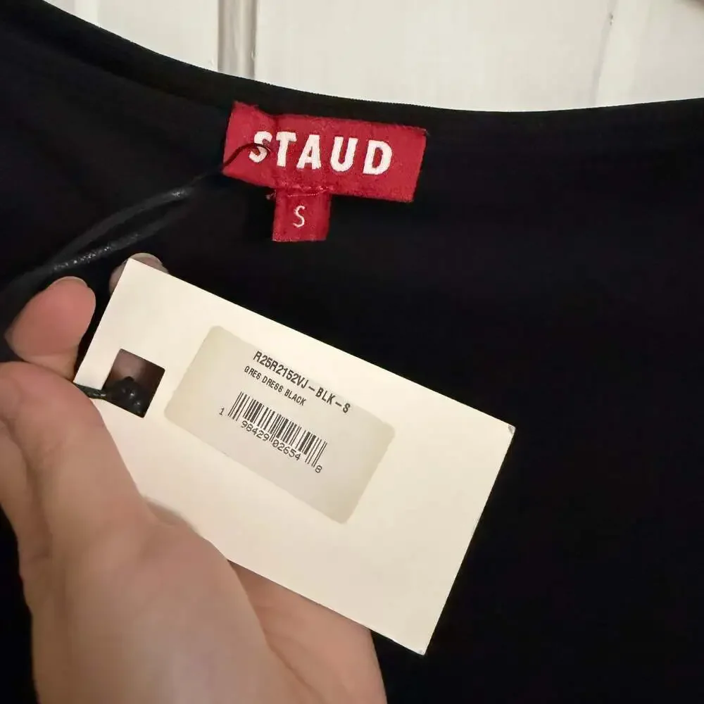 Staud Gres Midi Dress Black Ruched Slimming Long Sleeve Boat Neck Minimal Small - Picture 9 of 12